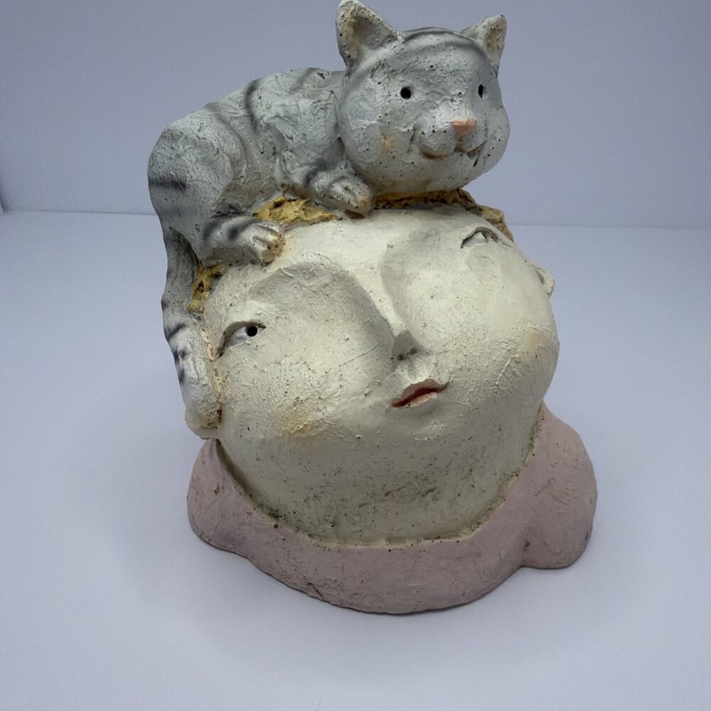 Funny Gray Kitty Cat Sitting on Woman's Head Resin Sculpture Figurine Whimsical